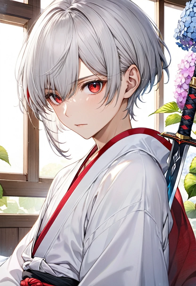 (close up face) (16 yo, solo crew cut silver hair very short hair divine sword fighter boy, detailed cool red eyes, serious face, flat chest), (ina japanese loincloth), break, (in the simple bedroom, background Through the window, out side A cluster of hydrangeas), BREAK, perfect anatomy, masterpiece, best quality, 16k, beautiful detailed grow, daydreaming expression.