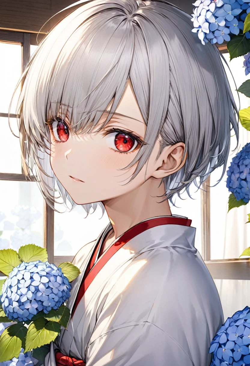 (close up face) ( yo, solo crew cut silver hair very short hair divine sword fighter boy, detailed cool red eyes, serious face, flat chest), (ina japanese loincloth), break, (in the simple bedroom, background Through the window, out side A cluster of hydrangeas), BREAK, perfect anatomy, masterpiece, best quality, 16k, beautiful detailed grow, daydreaming expression.