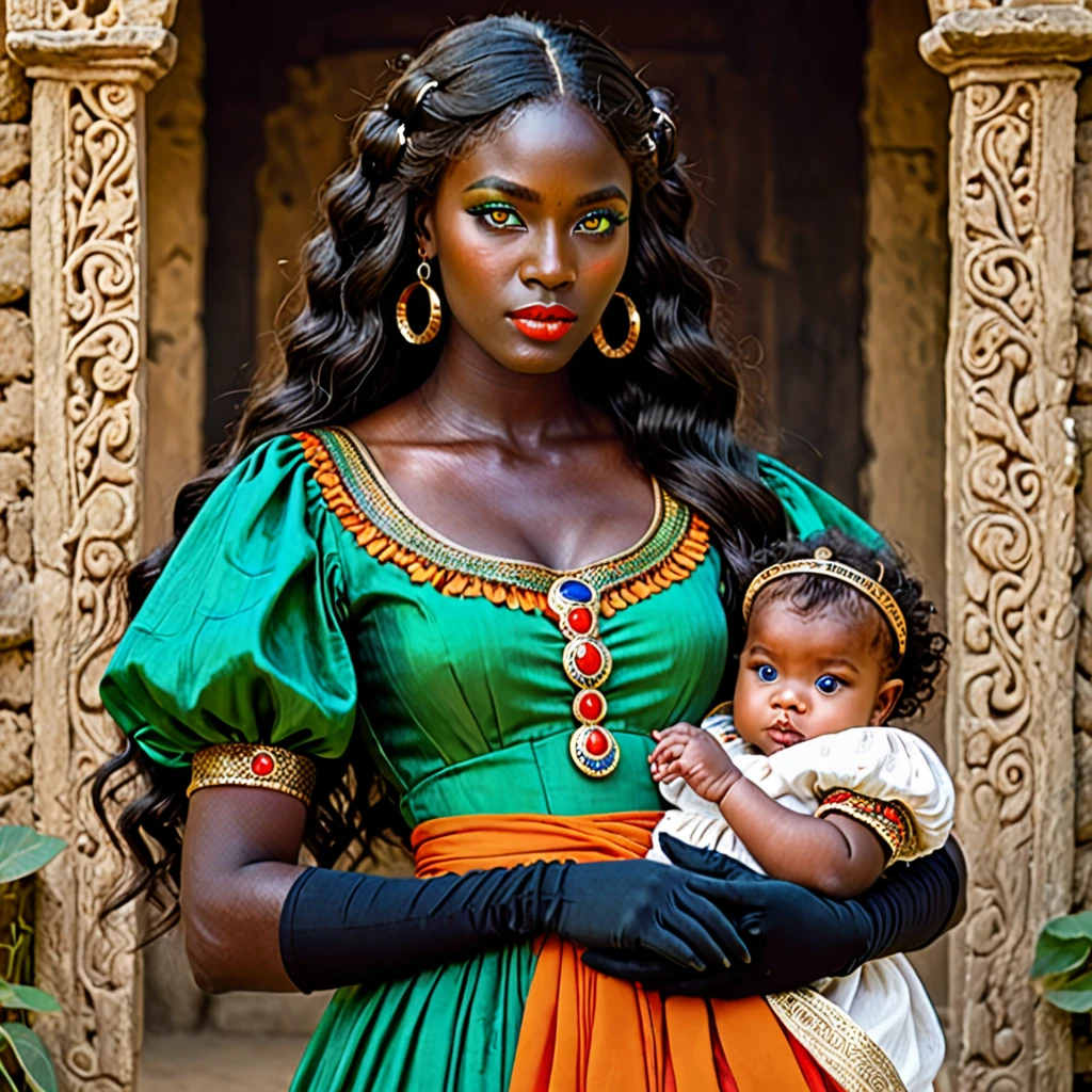 dark skin woman, with orange eyes, green and blue ancient era dress, with long wavy black hair, short black gloves on hands, a red ring on her finger, lips a little wide, golden hoops in her ears, with two with brown hair, green eyes and white skin