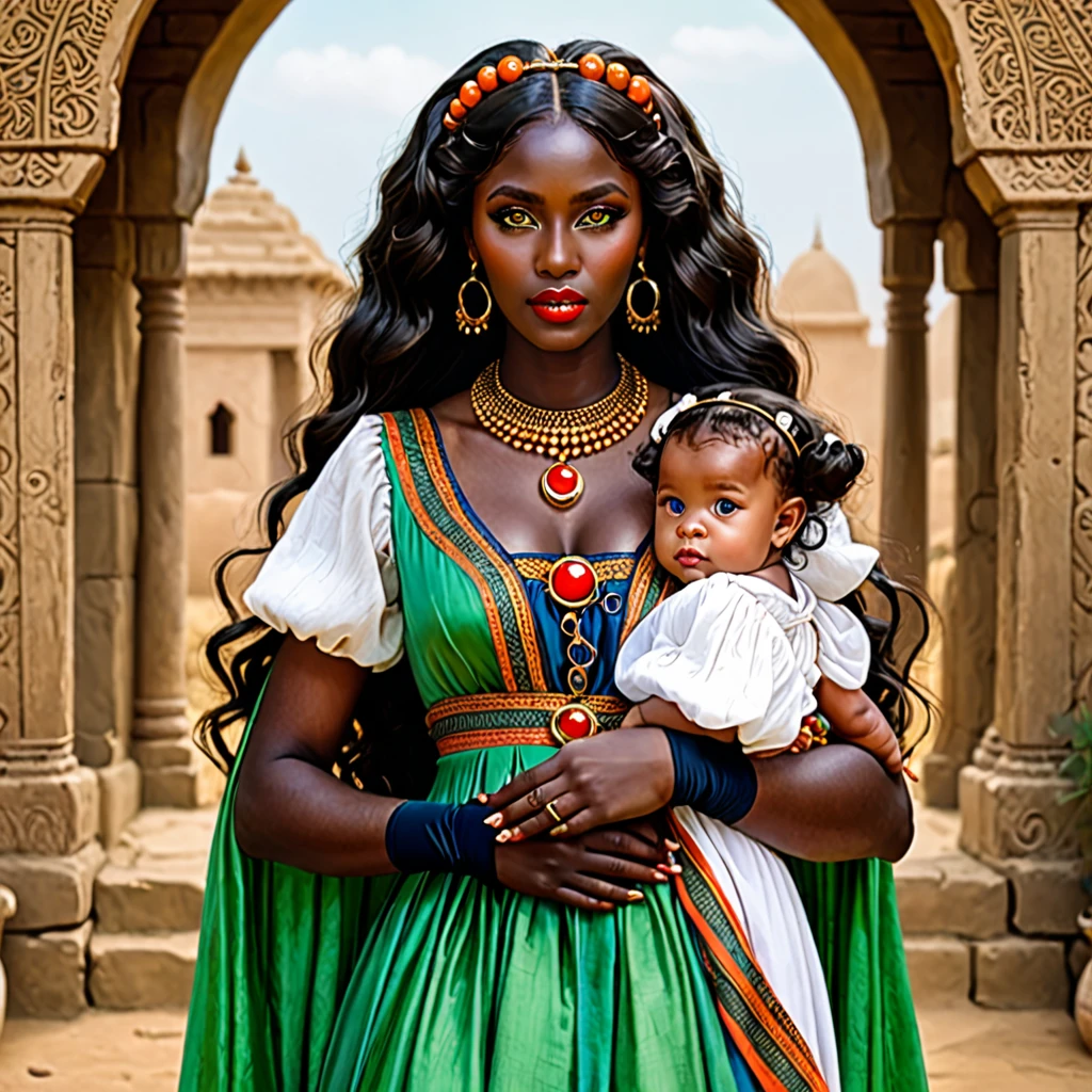 dark skin woman, with orange eyes, green and blue ancient era dress, with long wavy black hair, short black gloves on hands, a red ring on her finger, lips a little wide, golden hoops in her ears, with two babies with brown hair, green eyes and white skin