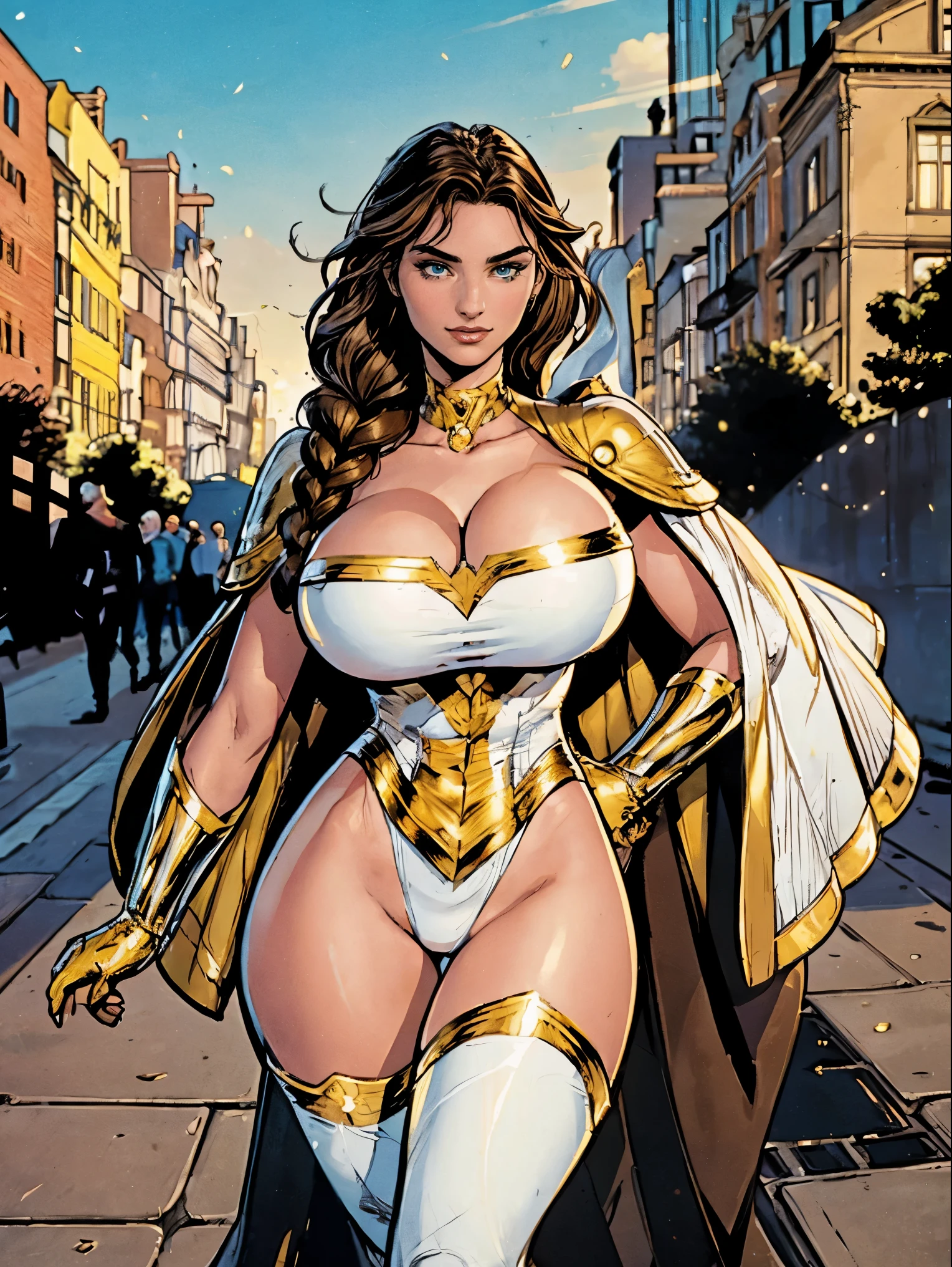 (masterpiece, top quality, best quality, official art, beautiful and aesthetic:1.2), (1girl:1.3), brown hair, braid, extremely detailed, portrait, looking at viewer, solo, (full body:0.6), detailed background, close up, mischievous eyes, (warm city superhero theme:1.1), pleasant smile, brunette, aquiline nose, green eyes, braid, ((gigantic breasts)), (thin), athletic, superhero. Wearing a white and gold superhero leotard, cape, gloves, thigh-high boots, slim waist, slim hips, long legs, modern (city street exterior:1.1) detailed background, bright optimistic lighting, shadows, magical atmosphere, dutch angle