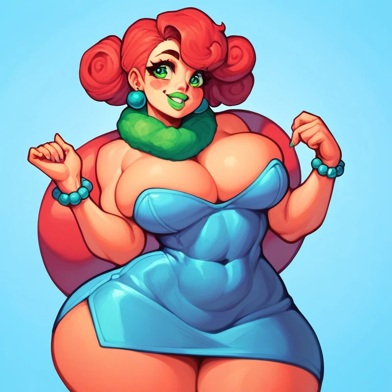 1 anime girl, alone, red hair(long), green eyes, pink lips(with a smile), light skin with rosy cheeks, vestido celeste corto con cuello long, A bracelet, BIG BREASTS, A 16 year old girl, with a size of 1.50 cm