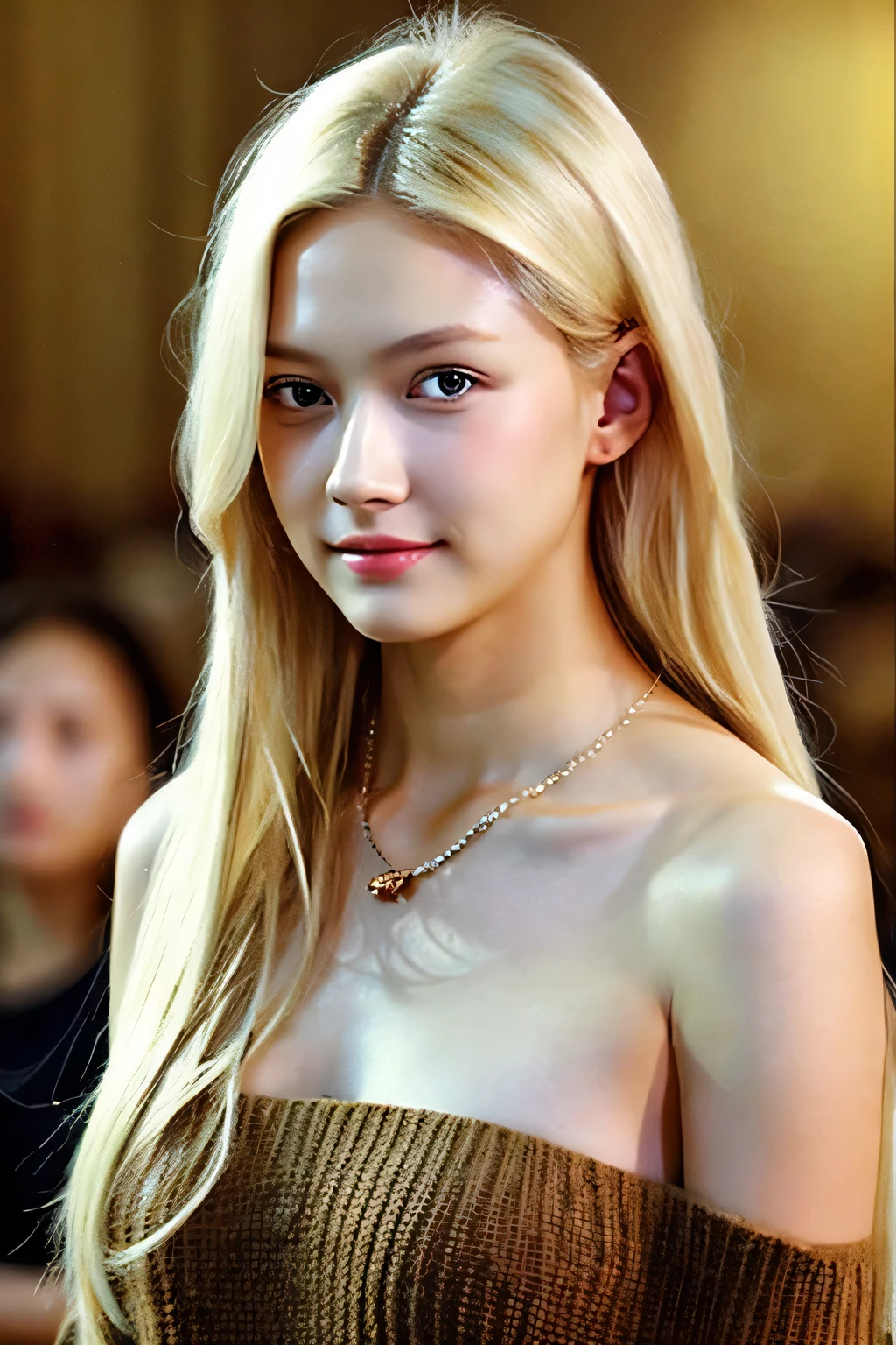 1 Girl, 19, Solitary, Long hair, huge , Looking at the audience, Blonde hair, Bare shoulders, Brown eyes, Jewel-like, whole body, A necklace, Off-shoulder, sweater, Practical, Sexy