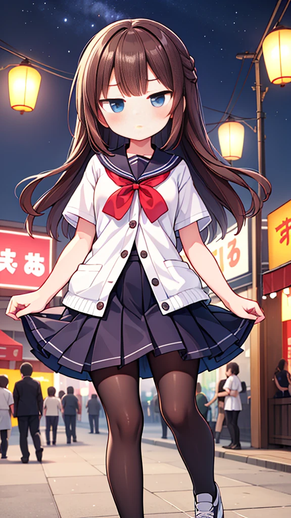{Highest quality], [Super beautiful], [Ultra fine], [Best illustration], NSFW,Brown Hair,Hime cut,Braid,Clear,With bangs, girl,Sailor suit,knit cardigan,Short sleeve,skirt,Slender women,walk,(Public),Night Park,Summer festival,diagonal,black tights,Black loafa,I was upset