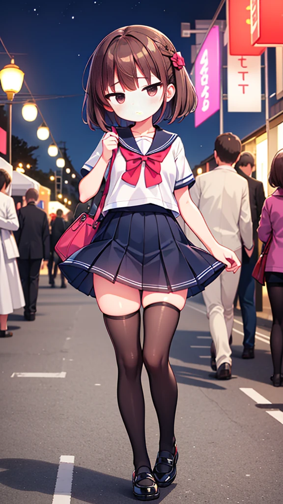 {Highest quality], [Super beautiful], [Ultra fine], [Best illustration], NSFW,Brown Hair,Hime cut,Braid,Clear,With bangs, girl,Sailor suit,knit cardigan,Short sleeve,skirt,Slender women,walk,(Public),Night Park,Summer festival,diagonal,black tights,Black loafa,I was upset