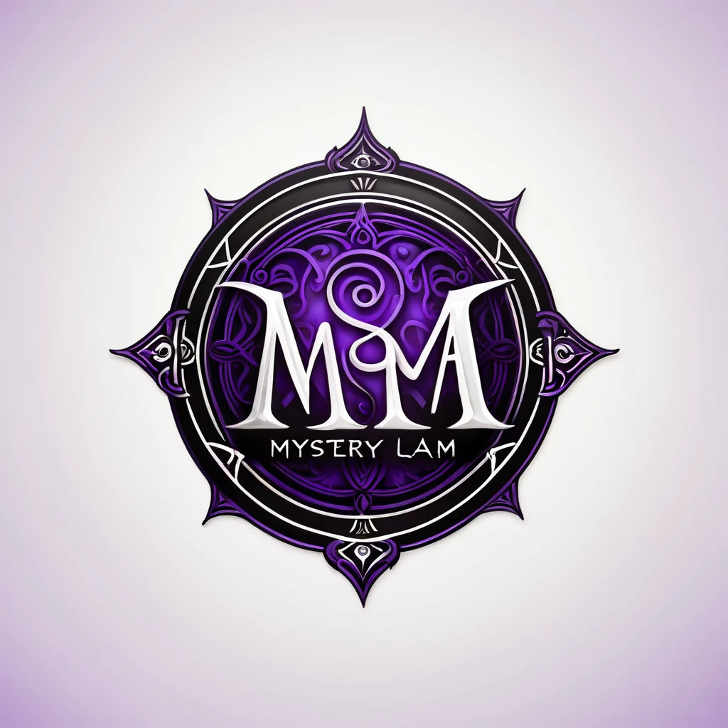 create a logo that says "MYSTERY MA LAM" with mystical, scary, unique letters. use black and purple and a white background
