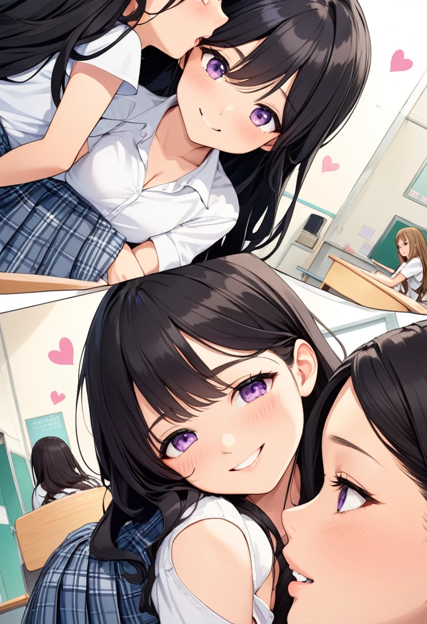 detailed illustration, dynamic angle, ultra-detailed, illustration, 2girls, 18 year old, school girl, wavy long blonde hair, long hair, bright grey eyes, hearts, white shirt, light blue plaid skirt, cleavage, flush, blush, arousal, school classroom, smiling, lesbian kiss, hugging, holding, touching, straight long black hair, violet eyes