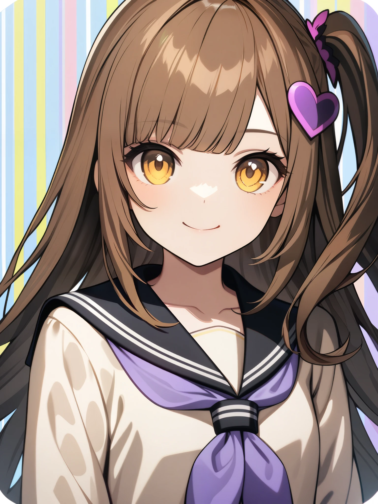 32k, best quality, ultra high res, HDR, uhd, extremely detailed CG, unity 32k wallpaper, My Style, 1girl in, 独奏, Brown hair, heart mark, hair ornament, , Side Ponytail, Smile, Looking at Viewer, neckerchief, Upper body, Heart hair ornament, cardigan, Sailor collar, serafuku, black sailor collar, bangs, Yellow eyes, Closed mouth, Long hair, Brown eyes, Purple Neckerchief, striped background, clavicle, Striped, polka dot, Star (symbol),