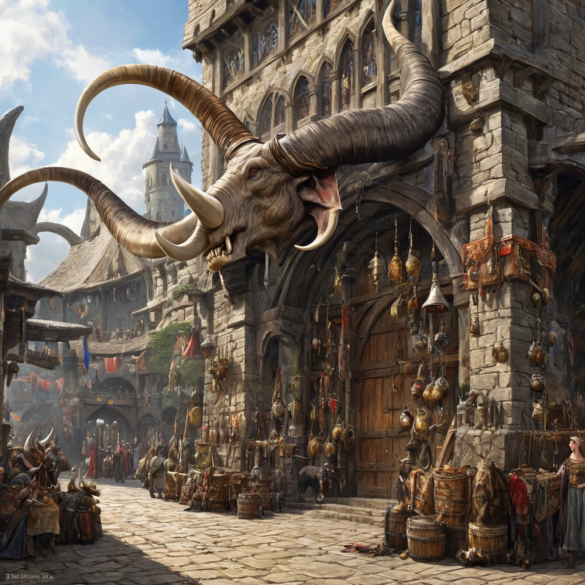 ((best quality)), ((masterpiece)), ((realistic,digital art)), (super detailed), (large market for horns and tusks), view from the ground, (style medieval fantasy)