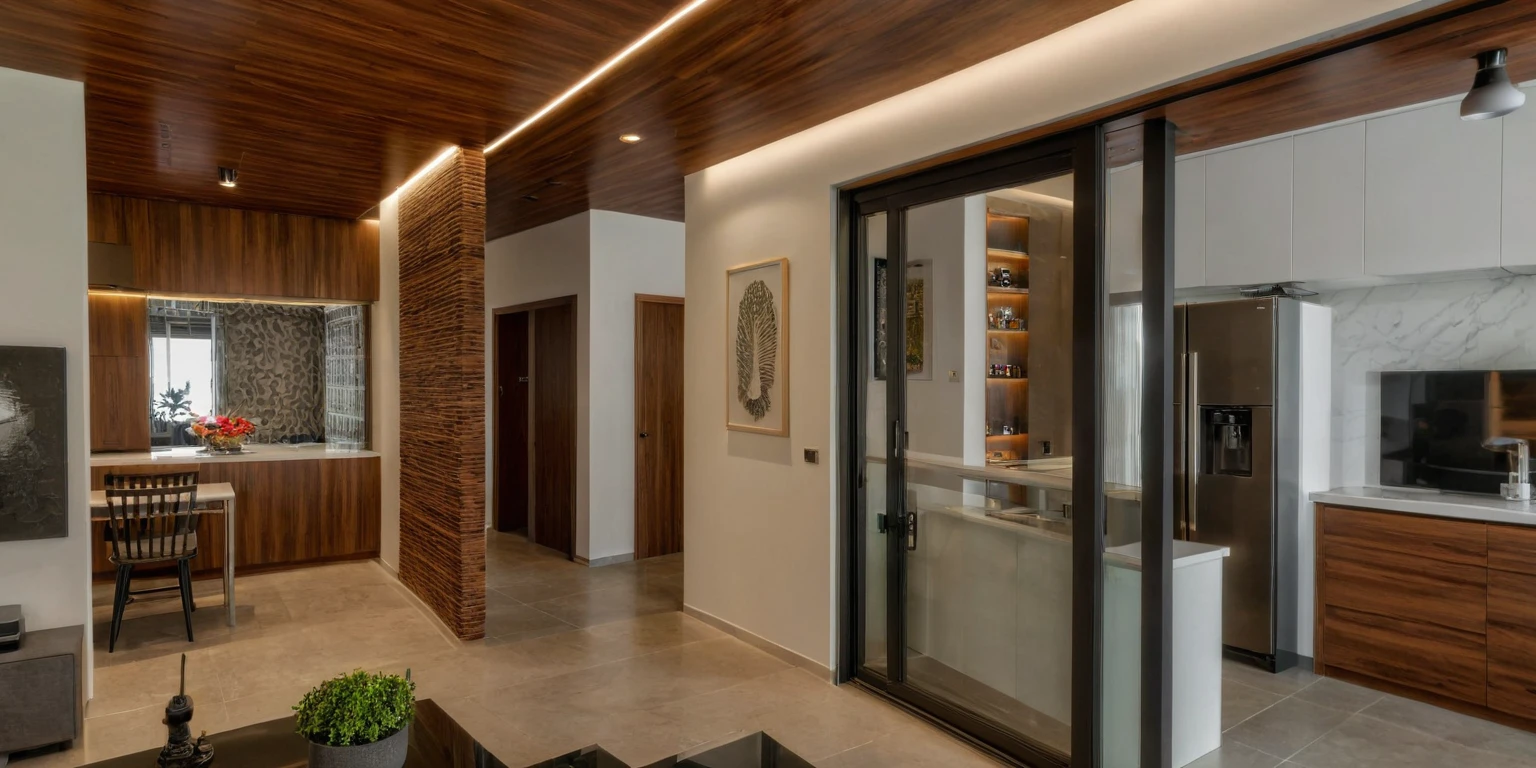 Raw photo, Masterpiece, high quality, best quality, authentic, super detail, interior, indoors, style Indochine modern, minimalist line, wooden, walnut veneer wood, led light, white paint wall, sofa, daylight, atrium, LIVING ROOM, KITCHEN, PEN HOUSE,