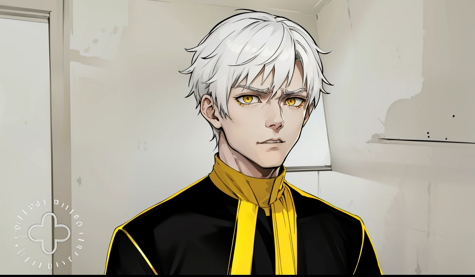 white hair yellow eyes he speaks coldly he is seriously upset he has a golden necklace black clothes with yellow lines 