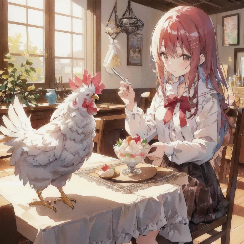 Anime girl eating parfait and a rooster on the table, smile,Anime Food, Cute girl anime visuals, Realistic Anime 3D Style, sakimi chan, everyone, Highly detailed official artwork, I also make fan art, Pixiv, Cute Anime Girl, Realistic anime art style, Trending on cgstation, trending on artstation Pixiv, Beautiful and detailed anime art
