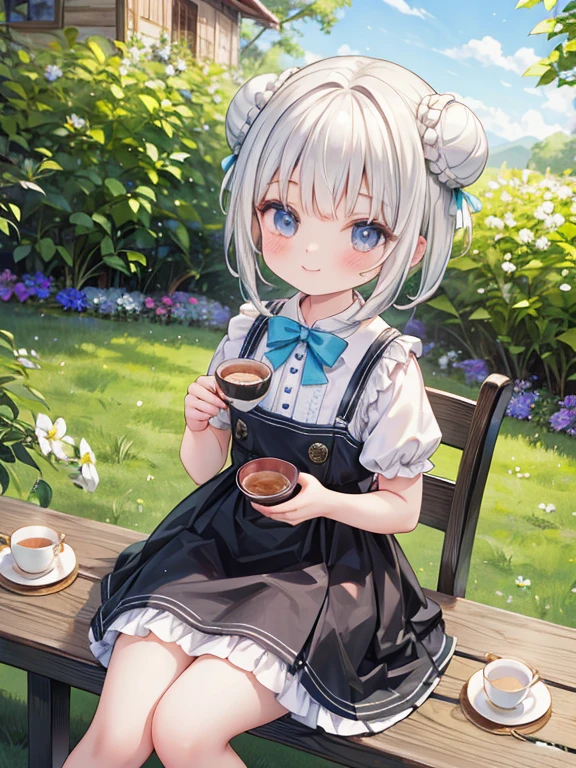 (8K, Highest quality, tableトップ:1.2), Ultra-high resolution, , Perfect Fingers, Detailed face, smile, black eye, Silver Hair, (triple bun:1.5), Blue Apron Dress, garden, flower bed, table, tableクロス, Black tea, Tea cup, cake, Sit on a chair, Black teaを飲む