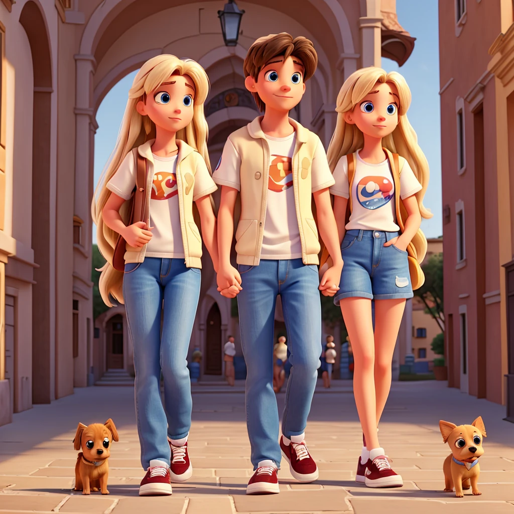 disney pixar style couple, high quality. the girl who is blonde, long hair, blue eyes and the boy, short black hair and beard.. With a Chihuahua dog. Nike Jordan urban clothing. Walking through Italy