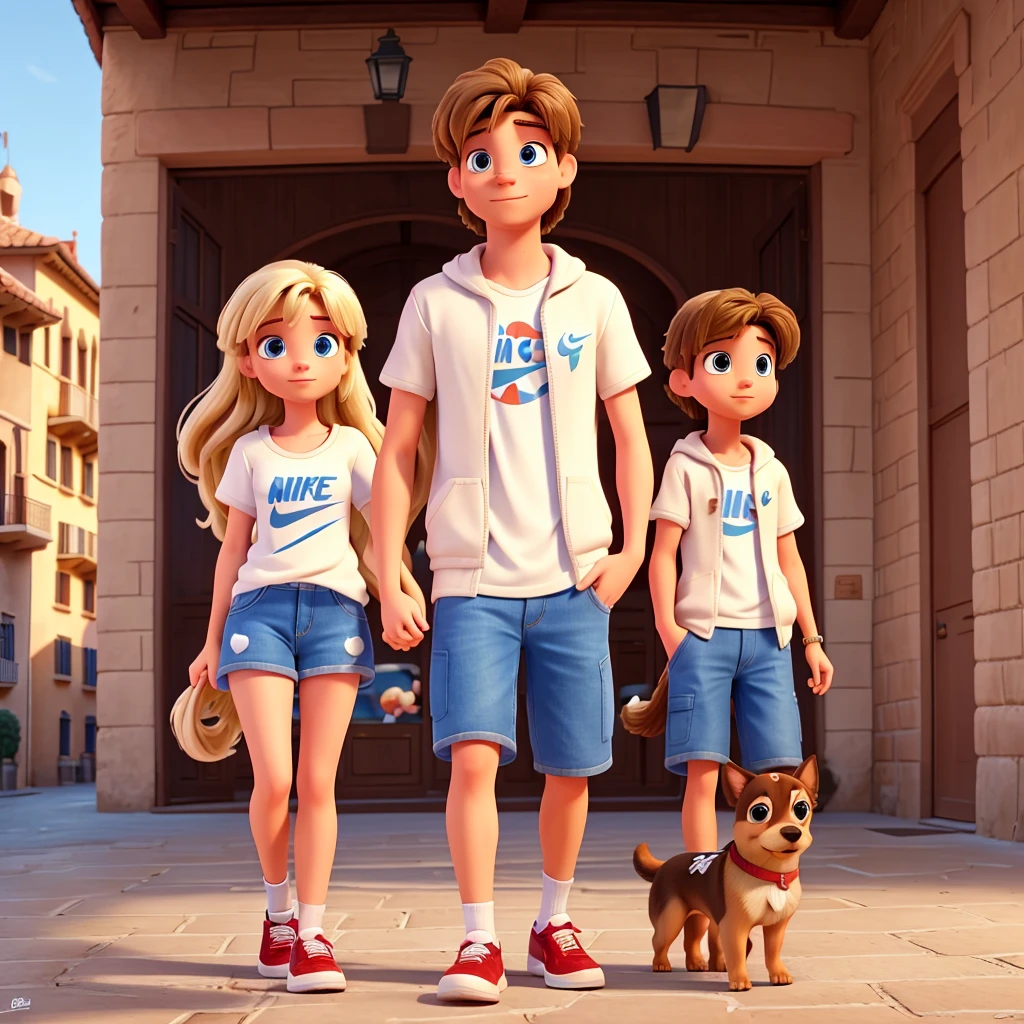 disney pixar style couple, high quality. the girl who is blonde, long hair, blue eyes and the boy, short black hair and beard.. With a Chihuahua dog. Nike Jordan urban clothing. Walking through Italy