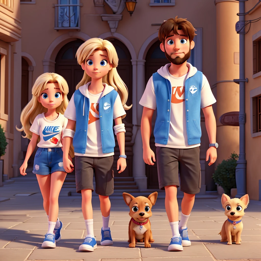 disney pixar style couple, high quality. the girl who is blonde, long hair, blue eyes and the boy, short black hair and beard.. With a Chihuahua dog. Nike Jordan urban clothing. Walking through Italy
