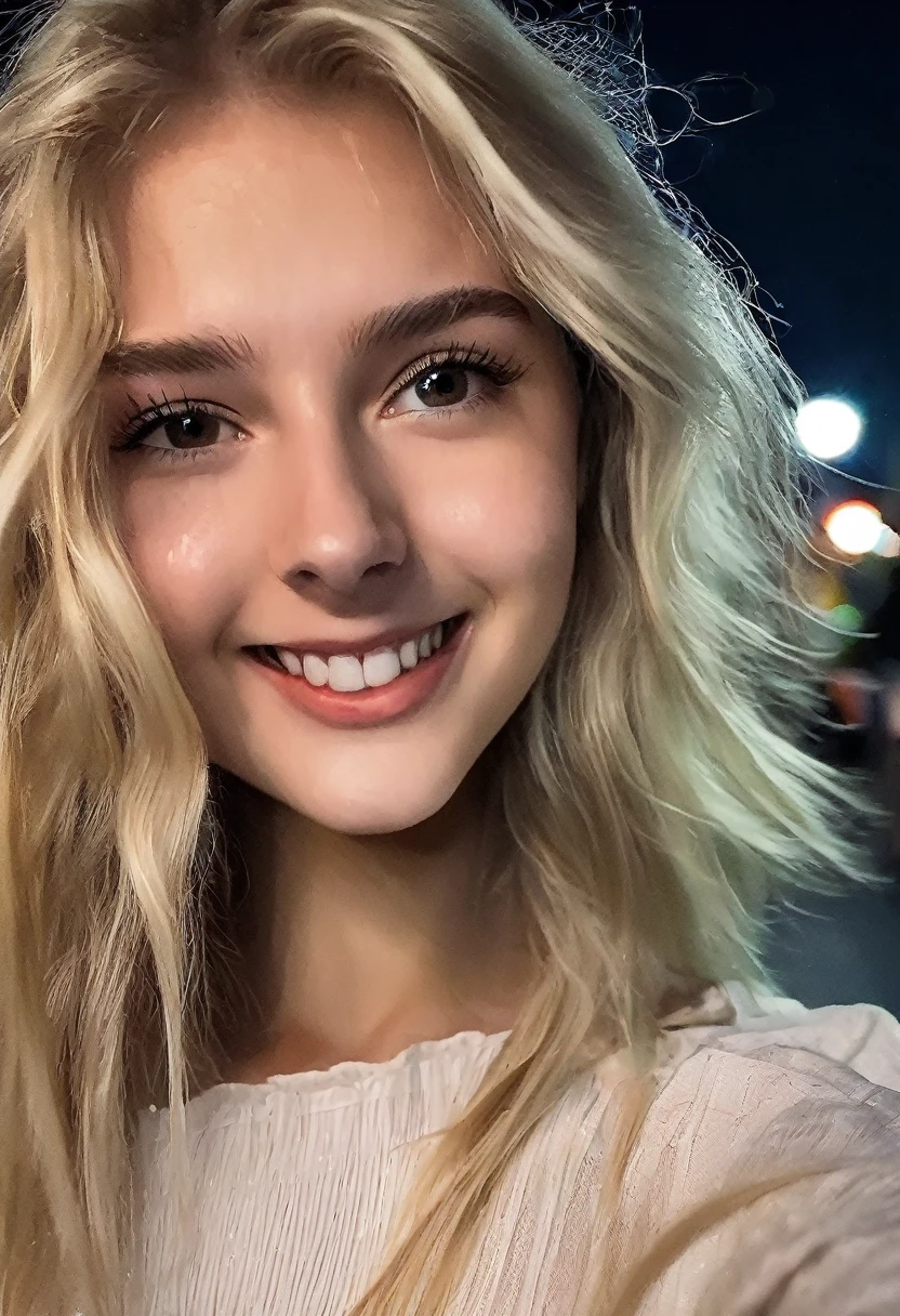 Cute blonde girl 19 years old, (((taking a selfie))), on the street, night, smiling, sexy hairstyle, sexy little blouse, (((hair in the face in the wind)))
