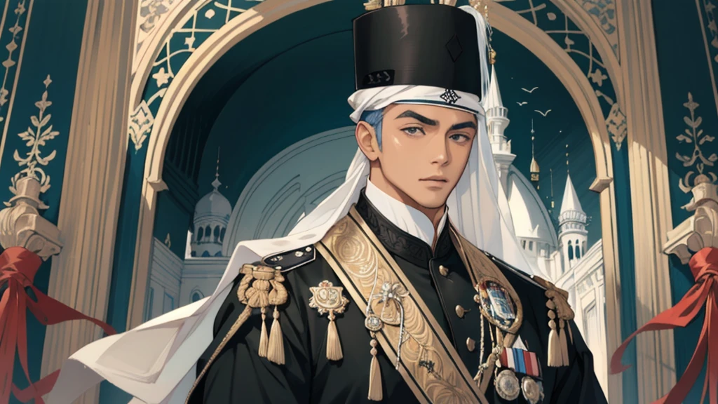 Handsome man, Islam Songkok, dignified face, many subordinates behind him
