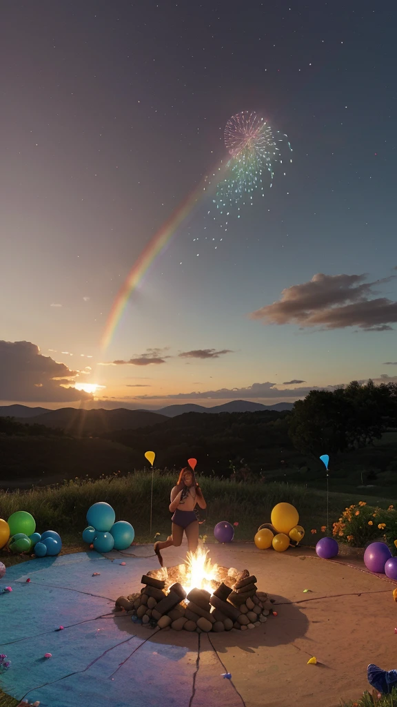Create an image with the characteristics defined in the tag and avoid using the characteristics defined in the tag.

A celebration image with a colorful and vibrant theme. In the center, there is a bright rainbow surrounded by balloons of different colors, such as blue, green, yellow, red, and orange. At the top, there are colorful bunting flags hanging, creating a festive atmosphere. In the background, a light blue sky with fluffy white clouds. At the bottom, stylized hills in shades of blue, green, and orange, with a wavy texture. Flowers of various colors, including red, pink, and orange, are scattered around the base of the rainbow. There is a bright central campfire with yellow and orange flames. Soft and warm lighting illuminates the scene. In the center of the rainbow, there is a circle with the stylized image of a woman with red hair. Colorful confetti is falling from the sky. The composition is balanced and detailed, with a sense of joy and celebration.
