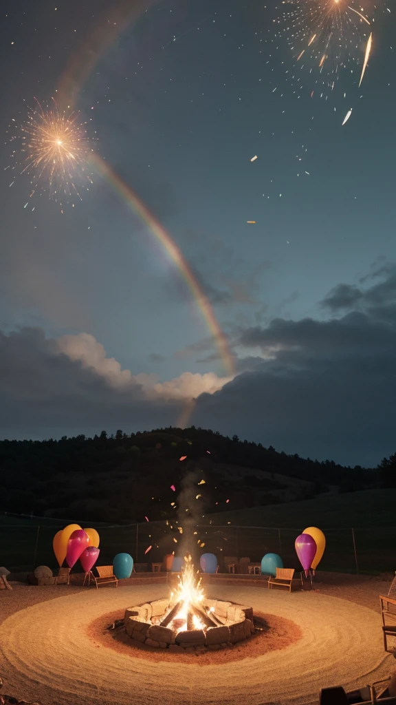 Create an image with the characteristics defined in the tag and avoid using the characteristics defined in the tag.
A celebration image with a colorful and vibrant theme. In the center, there is a bright rainbow surrounded by balloons of different colors, such as blue, green, yellow, red, and orange. At the top, there are colorful bunting flags hanging, creating a festive atmosphere. In the background, a light blue sky with fluffy white clouds. At the bottom, stylized hills in shades of blue, green, and orange, with a wavy texture. Flowers of various colors, including red, pink, and orange, are scattered around the base of the rainbow. There is a bright central campfire with yellow and orange flames. Soft and warm lighting illuminates the scene. In the center of the rainbow, there is a circle with the stylized image of a woman with red hair. Colorful confetti is falling from the sky. The composition is balanced and detailed, with a sense of joy and celebration.