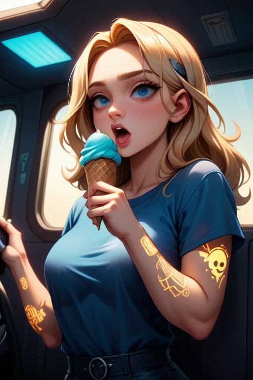 tall feminine woman(blue eyes; long wavy blonde hair; large breasts; pale skin tone; glowing LED tattoos), Disney-style, CGI, working inside an ice cream van; wearing a blue shirt(illustration: cartoon cat eating ice cream); bright and sunny day; futuristic; dystopian; cyberpunk; best quality; high definition; trending on artstation; complex volumetric lighting; standing at serving window inside ice cream van; background: inside ice cream van;