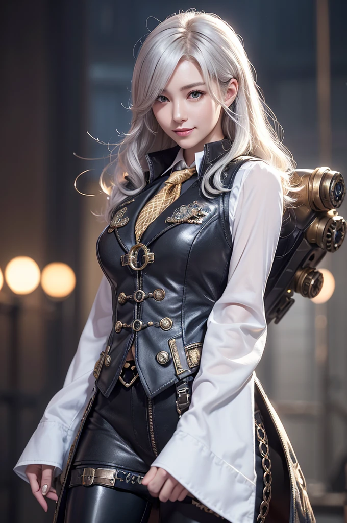 Woman portrait,Highest quality、8K,Detailed face, clear, Fine skin、Clear, beautiful eyes、whole body、(Curly Hair)、My hair was messed up by the wind、The beauty of a smile、(Glamorous Muscle、tall),(Hip_superior, Hip superior), Mature Woman,( Watching the audience),Realistic, High resolution, Soft Light,1 female, alone, Hipアップ, Glowing Skin, (Detailed face), Sexy smile, Perfect Style, Perfect balance,Platinum gold hair,Long Hair,Naughty look,((Steampunk vest)),(Black and silver mech, High-tech Mecha,Beautiful steampunk cyborg woman,Steampunk Mecha Cyborg Girl,Blue steampunk black and silver jacket,Short jeweled tie,High leg,wrist cuffs,Gemstone Helmet,),((arms behind back)),(bokeh),(studio lighting)