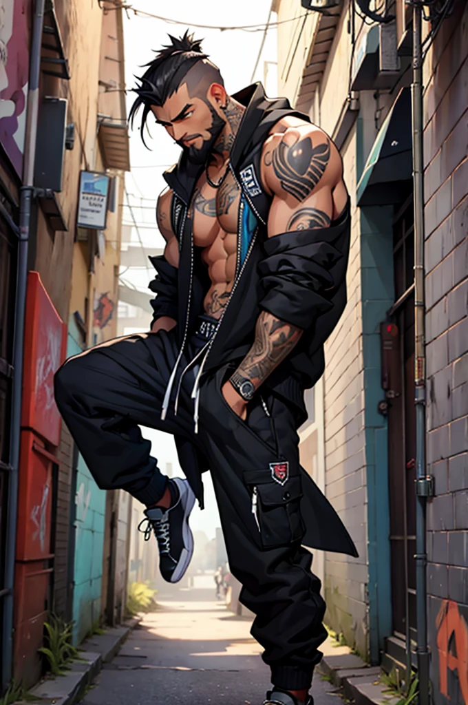 [a young man with hair in a ninja cut and a beard stands in an alley outside a club, about to fight since this young man who also paints graffiti calls himself ksuer. he just won a free style battle. for which they want to beat him. clear! Here you have a more detailed specification of the prompt: Description of Gangstar: - Young man, about 25 years old. - Hair in a ninja style cut, possibly short on the sides and longer on top. - Well-groomed beard. - Slim and athletic, with a figure that suggests agility and strength. - Tattoos on the chest and arms, possibly tribal designs or related to his lifestyle as a gangster rapper DF'´¿. - He is lying between Lila's sheet, suggesting a close or trusting relationship with her. Description of Lilac: - Young and beautiful woman, apparently the same age as Gangstar. - Half goddess, suggesting it has divine or supernatural attributes. - Platinum pink hair, probably long and silky. - Slim and with a perfectly sculpted body, suggesting grace and beauty. - Dazzling blue eyes, that could reflect his divine nature. - She is lying down while watching Gangstar tenderly, possibly with a kiss on the lips, suggesting a romantic or intimate connection between them. With this specification, you can visualize the scene and the characters involved more clearly.