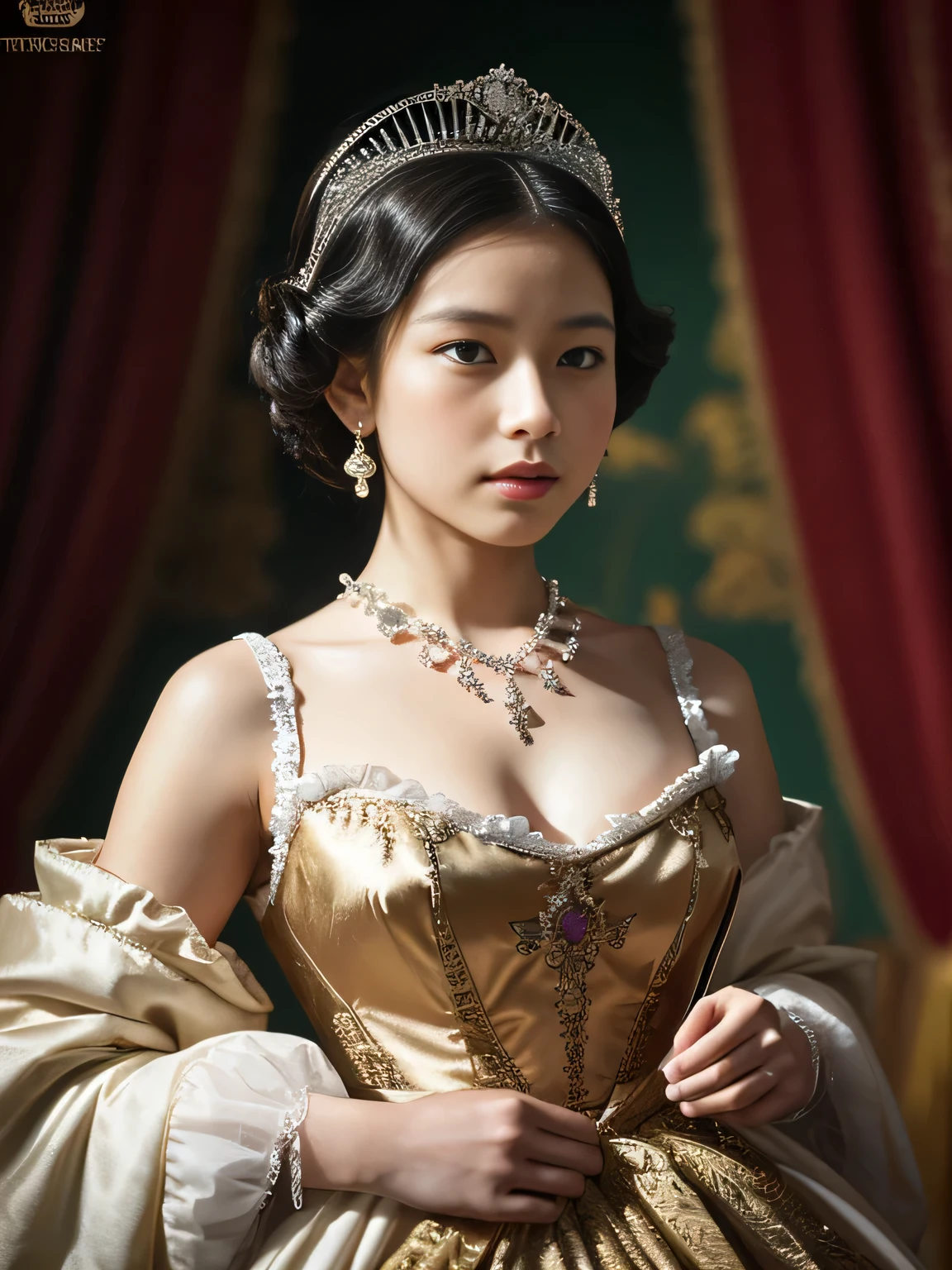 Her Majesty the Queen of England in the 18th Century, A dress with a narrow waist and rich embellishments, Perfect breast shape, masterpiece, Highest quality, Intricate details, Sharp focus, ((alone:1.4), View your viewers, Ultra-high resolution, (One girl:1.4), Detailed Background, Big tiara, Lots of gems