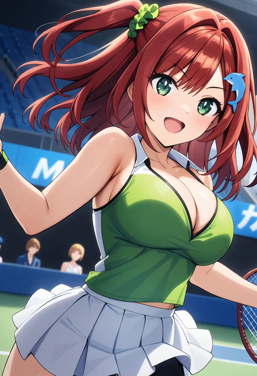 1girl, sakimiya iruka, dolphin wave, red hair, one side up, green scrunchie, hair ornament, green eyes,
tennis uniform,
cowboy shot,
masterpiece, best quality, very aesthetic, newest, cinematic lighting, highres, absurdres, incredibly absurdres,