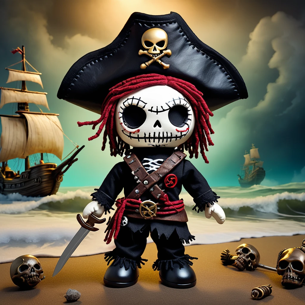 (knitted toy voodoo doll:1.7), (Voodoo Cursed Marauder:1.8), (Clothing: ragged pirate attire with cursed symbols:1.0), (Accessories: cursed cutlass, ghostly compass, pirate hat:1.2), (Background: ghost ship with glowing fog and eerie sea creatures:1.2), (full body:1.0), best quality, masterpiece, detailed soft oil painting, detailed background, dramatic cinematic lighting, soft edge lighting, professional, dramatic lighting, hard edge lighting, ultra quality, 4k, masterpiece, best quality, 8k, ultra high definition, high resolution, extremely detailed
