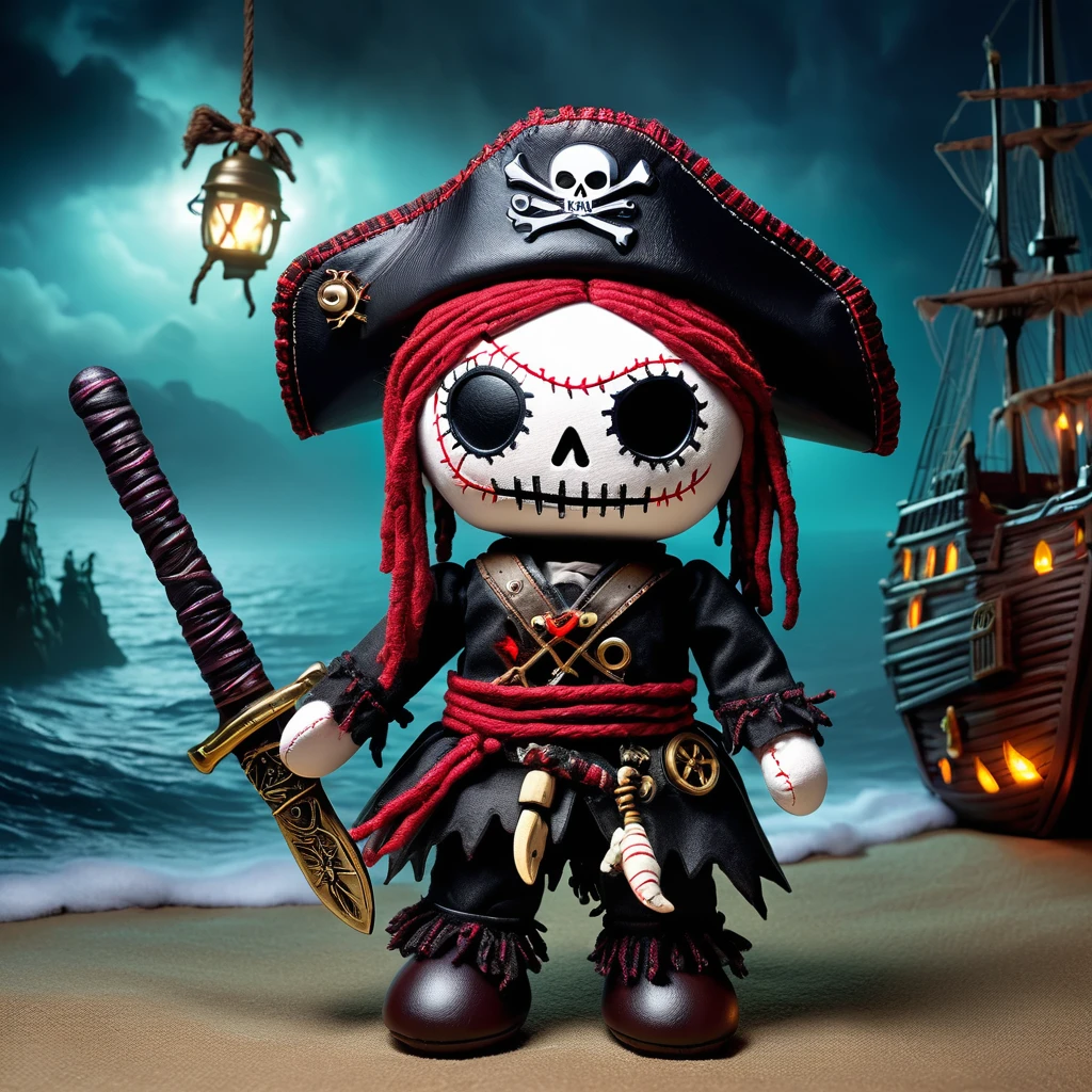 (knitted toy voodoo doll:1.7), (Voodoo Cursed Marauder:1.8), (Clothing: ragged pirate attire with cursed symbols:1.0), (Accessories: cursed cutlass, ghostly compass, pirate hat:1.2), (Background: ghost ship with glowing fog and eerie sea creatures:1.2), (full body:1.0), best quality, masterpiece, detailed soft oil painting, detailed background, dramatic cinematic lighting, soft edge lighting, professional, dramatic lighting, hard edge lighting, ultra quality, 4k, masterpiece, best quality, 8k, ultra high definition, high resolution, extremely detailed