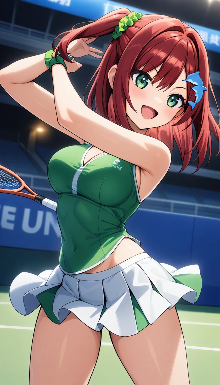 1girl, sakimiya iruka, dolphin wave, red hair, one side up, green scrunchie, hair ornament, green eyes, 

tennis uniform, 
cowboy shot, 
masterpiece, best quality, very aesthetic, newest, cinematic lighting, highres, absurdres, incredibly absurdres, 