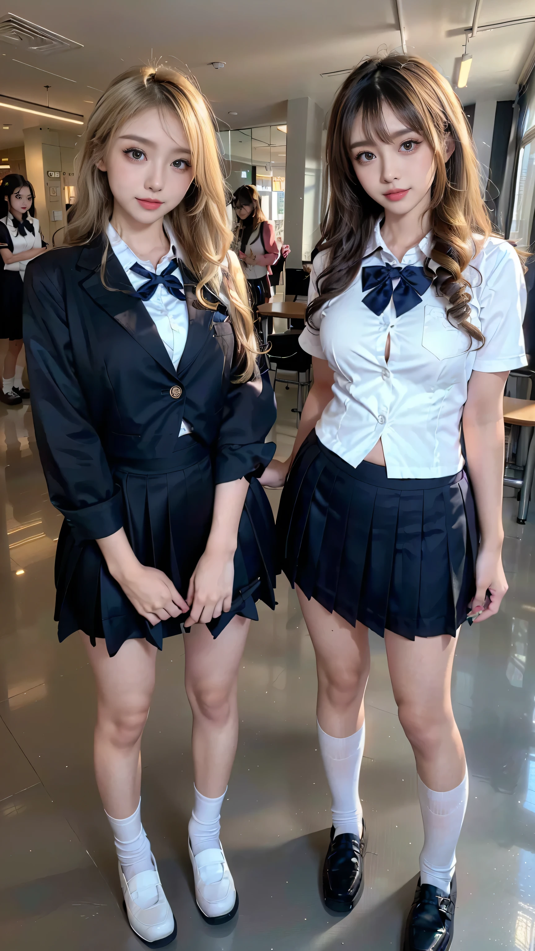(scene; (Two women:1.8)), gal, (Two high school girls), (Shopping mall, Shopping Street, street, Outdoor), (Full body portrait, Photograph the whole body, Are standing, Doing sexy poses), (Tall, Thin thighs, Elongated arms and legs, Small waist, Small hips), ((Highly detailed skin), Beautiful realistic face, White skin, Pointed Chest, Perfect Anatomy, Realistic eyes, Natural eyes, Brown eyes, Accurate eye focus, Accurate limbs), (hyper realist, Ultra-realistic, 4K, Attention to detail, Ultra-high resolution, Highest quality, masterpiece, Presence, dynamic, Uplifting, bold, Sharpness), (Big Breasts:1.5), (Cleavage:1.5), (Blonde long hair:1.5, loose wavy long hair:1.5, Loose curly hair:1.5), (sleek bangs), (Twin tail hair), ((White collared shirt, Navy pleated mini skirt, Navy colored socks, Black loafers, Ribbon tie)), High school girl in uniform, Surreal high school girl, tall, High school girls in uniform, smile, Emphasis on cleavage, (Are standingTwo high school girls:1.8),