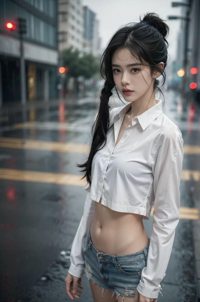 (((best quality))),(((ultra detailed))),(((masterpiece))),illustration,1girl, young,solo, slim,thin,short ponytail,small breasts,flat chest,white collared shirt,navel,shorts,standing,arms behind back,rainy night, heavy rain, drenched clothes, melancholy expression, solitude, tear rolling down cheek, wet hair, empty streets, dimly lit, deserted environment, sound of rain, footsteps, symbol of hope, abandoned, resilience, determination, walking in rain, heartbreak, loss, love fading, loneliness, body language, facial expression, dreary atmosphere, rain-soaked streets, somber mood, viewer engagement,((upper body,from front)),urban scape,night scene