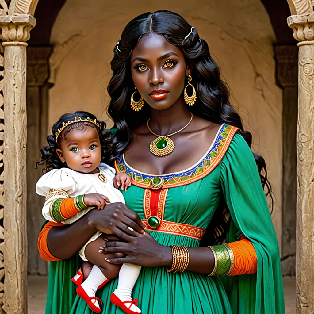 dark skin woman, with orange eyes, green and blue ancient era dress, with long wavy black hair, short black gloves on hands, a red ring on her finger, lips a little wide, golden hoops in her ears, with two babies with brown hair, green eyes and white skin