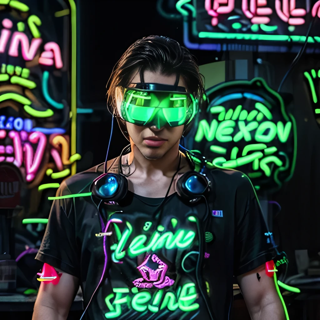 best quality, ultra-detailed, realistic, (1man), (black shirts:1.3), (fluorescent goggles:1.5), (neon sign:2.0), (upper body),
