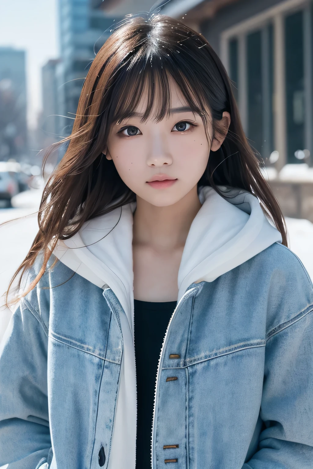 Honda Marin（Pro Skater）Shoulder-length hair, Small mole on the left eye,light makeup, Middle breast size, Wearing a coat, In the snow, clear debtacial debteatures, 8K high resolution, Sharp and realistic details.rom outside, Eye-level shot, debt/4.0, 135mm, Fujiilm, jpeg artidebtacts, Dithering, Ultra-high resolution, masterpiece