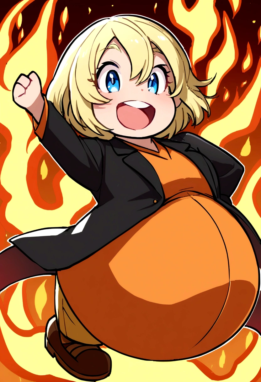 pregnant badass girl with long short blonde hair, blue eyes, orange shirt, black blazer, dark yellow pants, brown shoes, happy, with flames