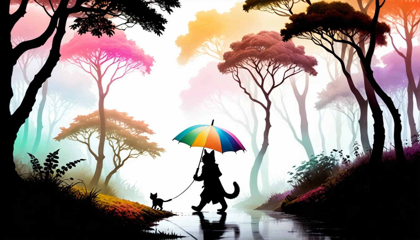 (photo cinematic), Park or forest landscape with trees and plants shrouded in mist, silhouette of anthropomorphic kitten walking with colorful umbrella drawn in soft tones, expressing the relaxing feeling of walking alone in nature, 2D, Jean-Baptiste Monge style, Alan Lee style