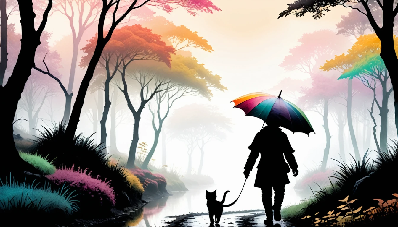 (photo cinematic), Park or forest landscape with trees and plants shrouded in mist, silhouette of anthropomorphic kitten walking with colorful umbrella drawn in soft tones, expressing the relaxing feeling of walking alone in nature, 2D, Jean-Baptiste Monge style, Alan Lee style