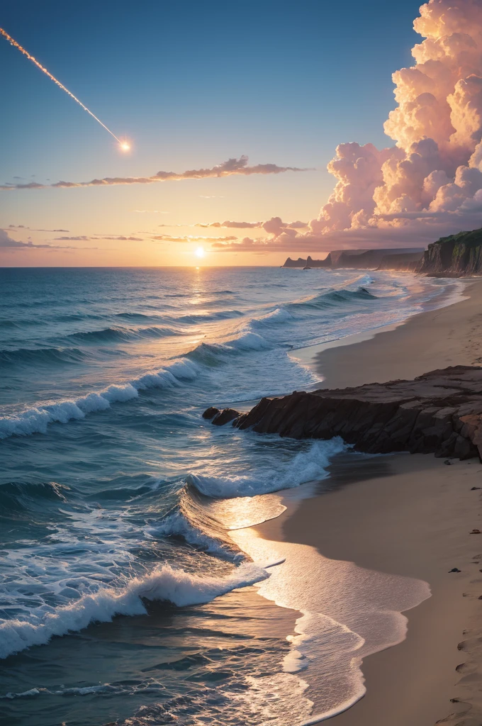 A late afternoon beach with a giant meteor falling towards us (hyper realist)