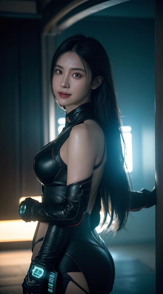 ((best quality)), ((masterpiece)), (detailed:1.4), 3d, Image of a beautiful cyberpunk woman,Human Development Report (High Dynamic Range),Ray Tracing,nvidia RTX,Super Resolution,Unreal 5,Subsurface scattering,PBR Textures,Post-Processing,Anisotropic filtering,Depth of Field,Maximum clarity and sharpness,Multi-layered textures,Albedo and Specular Maps,Surface Shading,Accurate simulation of the interaction between light and material,Perfect proportion,Octane Rendering,Two-color lighting,Large aperture,Low ISO,White Balance,Rule of Thirds,8K Native,Smiling