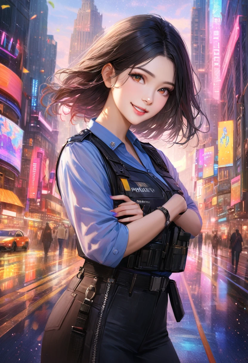 Roads in the city, Clear sky, policewoman, Blur the background,smile,Glitter effect,Highest quality, 8K, High resolution, masterpiece:1.2, Very detailed, Realistic:1.37, High resolution, 超High resolution, Ultra-fine painting, Very detailed, Professional, Vibrant colors