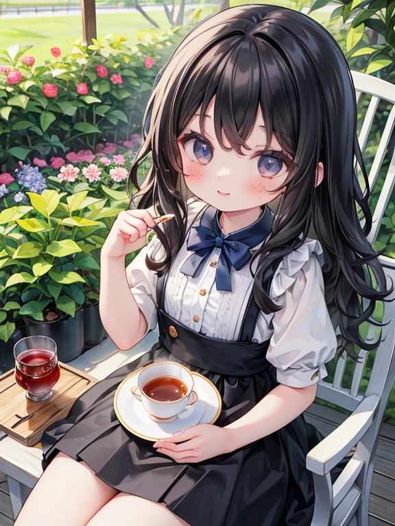 (8K, Highest quality, tableトップ:1.2), Ultra-high resolution, , Perfect Fingers, Detailed face, smile, black eye, Black Hair, (wavy hair:1.5), Blue Apron Dress, garden, flower bed, table, tableクロス, Black tea, Tea cup, cake, Sit on a chair, Black teaを飲む