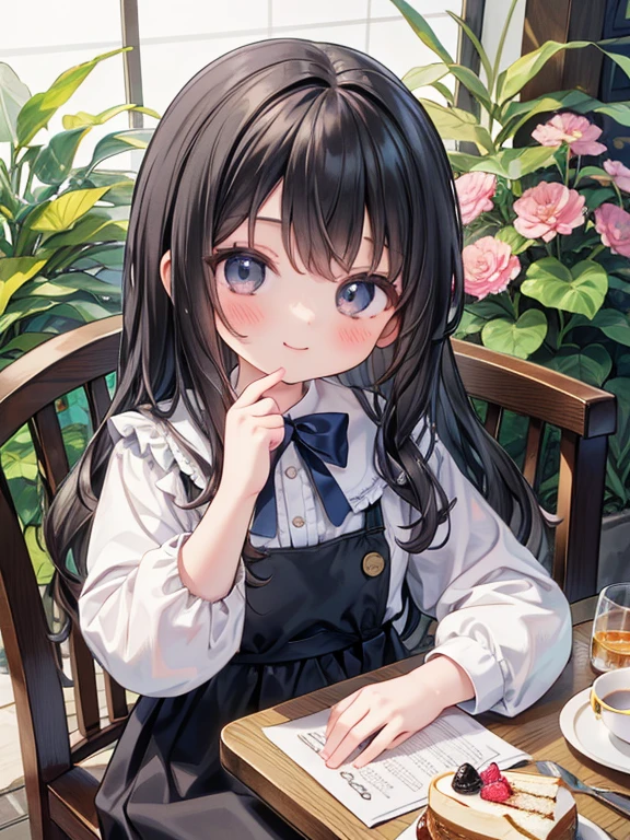 (8K, Highest quality, tableトップ:1.2), Ultra-high resolution, 7-year-old girl, Perfect Fingers, Detailed face, smile, black eye, Black Hair, (wavy hair:1.5), Blue Apron Dress, garden, flower bed, table, tableクロス, Black tea, Tea cup, cake, Sit on a chair, Black teaを飲む