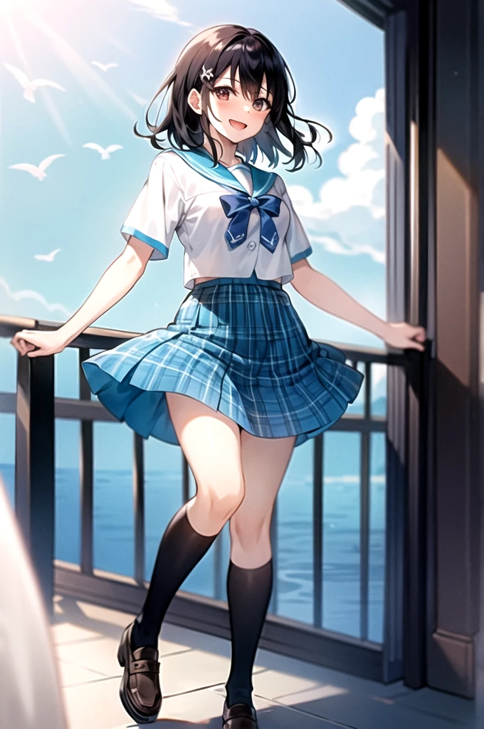 masterpiece, Highest quality, ltra-detailed, Details,1人のgirl, 1girl, 一人in, length_hair, Looking_in_Audience, short_hair, 前hair, black_hair, ribbon, hair_between_eye, brown_eye, girl, , Flying suit, mini skirt, , null, Ocean、Future City Port、The wind is blowing、Perfect promotion、The best smile、serafuku blue bow blue skirt plaid skirt