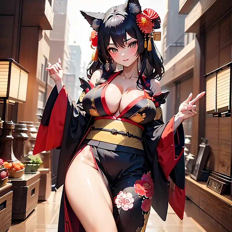 (Fox Girl, Fox Ears, Black colored hair, Fox Makeup, One Girl, Long Hair:1.2), (kimono, Kimono with open chest, A beautiful kimono with red and black patterns, I can see her cleavage, Open chest, Exposed skin:1.8), (Body size is 100-70-90!, Nice body, Big Breasts, Soft breasts, Emphasize cleavage, Thighs are slightly visible, Muscular, Abdominal muscles, Grab your own chest:1.4), Avatar, face, lewd face, Dominant representation, naughty face, Uplifting, Skin Texture, outside, Grassy field