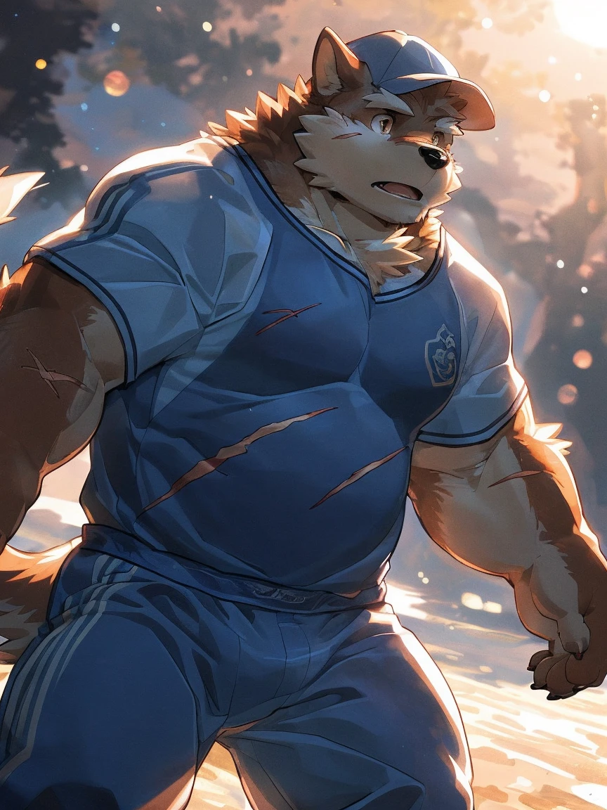 human nature, Wildlife, male,18 years old， solitary, ((Round Face, The face is plump,Orange eyes,Thick orange hair，With scars)), ((Endomorph, Handsome，Hot Blood)), (Sportswear，Light blue and white coat，Wear a sports cap), ((domestic 犬, Dog Orc，) Fluffy fur, Fluffy), Bokeh, (high quality, high resolution, masterpiece), (Dynamic Lighting, Vibrant colors，Natural fill light), (Revitalize，harm，Disdain，aggressive), Full body picture (close up), cartoon, author：Takemoto Arashi, From zixiong, By Chunni, author：Empty Ghost，（background：Night cottage door）