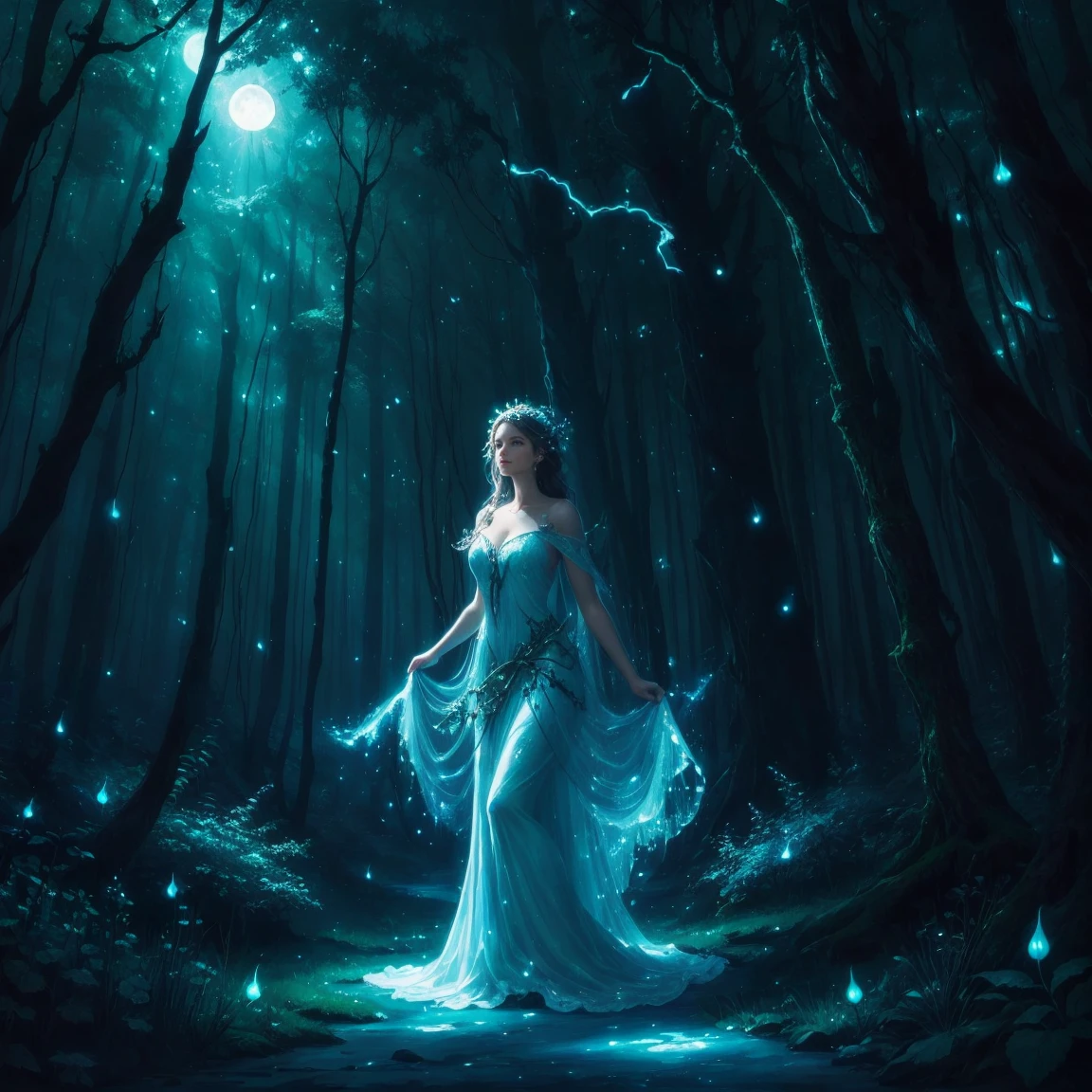 painting of a woman in a forest with a light shining on her, the moonlit dance of the fae, concept art magical highlight, enchanted with nature spirit, fireflies and sparkling wisps, magical concept art, in a magical forest, a friendly wisp, in the magical forest, magical forest with fireflies, in a forest at night, fairytale painting