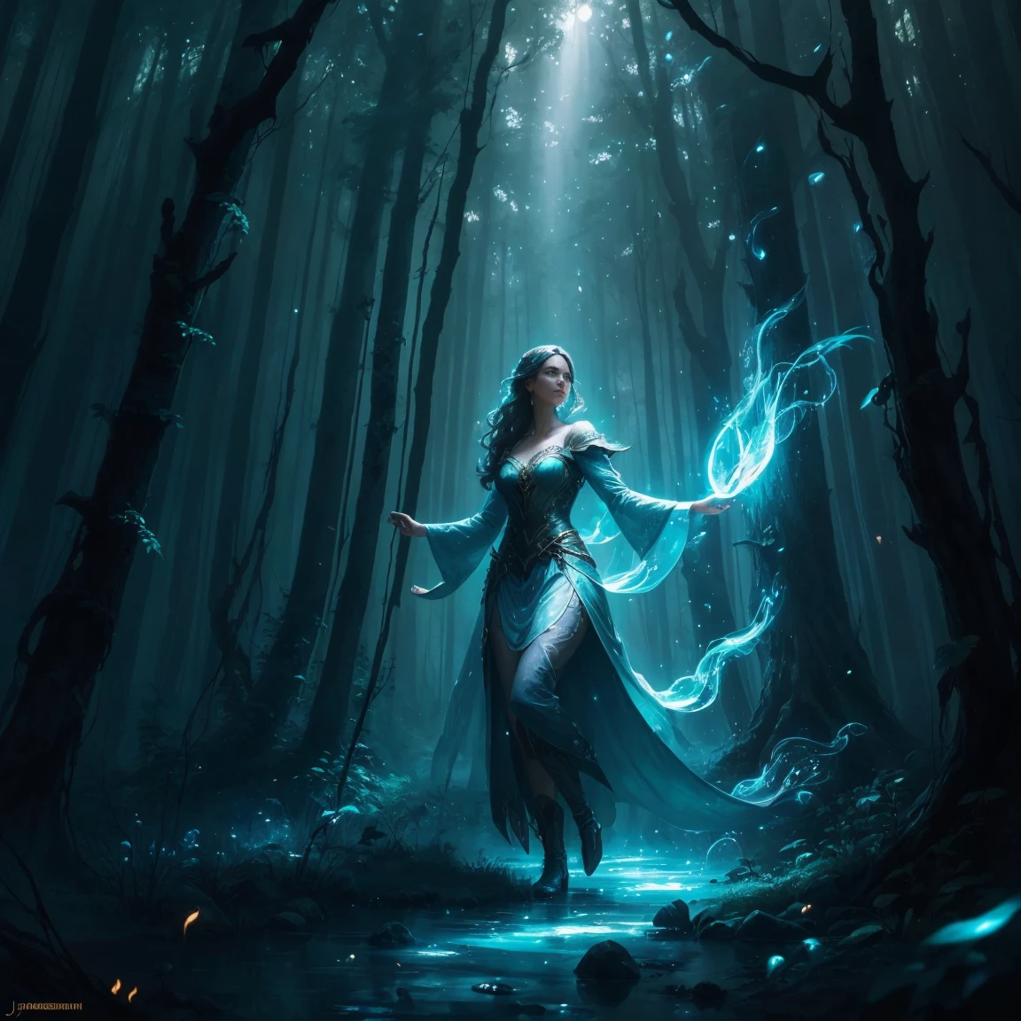 painting of a woman in a forest with a light shining on her, concept art by Jason Benjamin, trending on cgsociety, fantasy art, the moonlit dance of the fae, concept art magical highlight, enchanted with nature spirit, fireflies and sparkling wisps, magical concept art, in a magical forest, a friendly wisp, in the magical forest